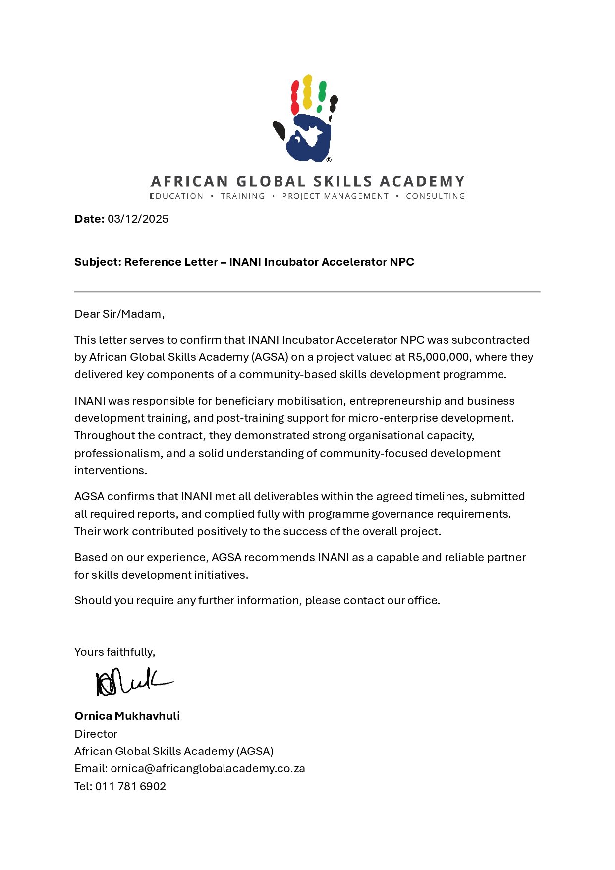 Reference letter from the Auditor-General of South Africa (AGSA), containing official employment verification and professional endorsement on official letterhead